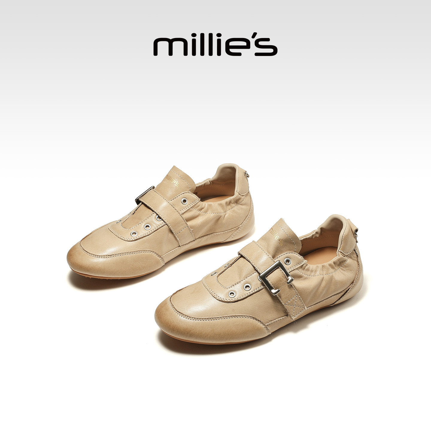 MILLIE'S/妙丽复古皮带扣德训鞋女款真皮平底休闲鞋2026春夏新款
