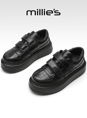 millies妙丽厚底内增高女鞋子2025秋季新款单鞋小黑鞋板鞋魔术贴