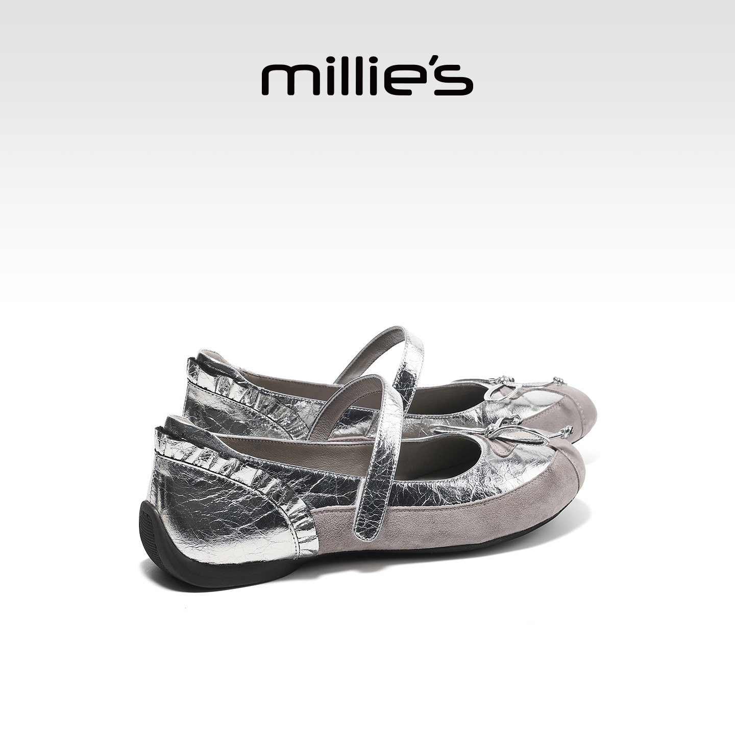MILLIE'S/妙丽时尚蝴蝶结圆头平底浅口单鞋女2026春款银色小皮鞋