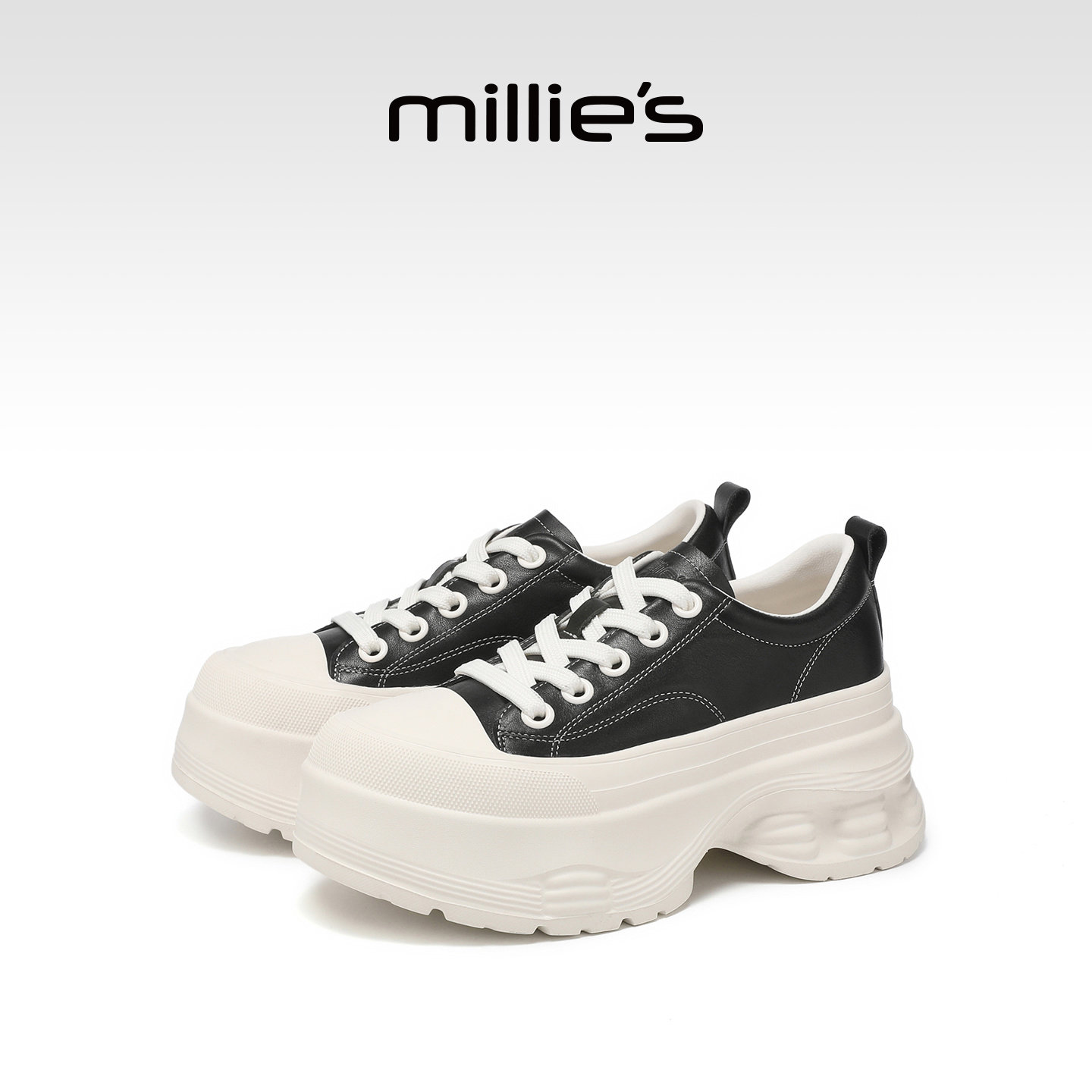 MILLIE'S/妙丽真皮厚底休闲鞋系带增高小个子松糕鞋极简风春夏款