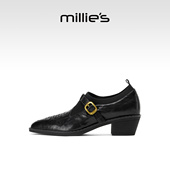 millies妙丽英伦复古T型带中跟牛津春季 一脚蹬 单鞋 新款 百搭小皮鞋