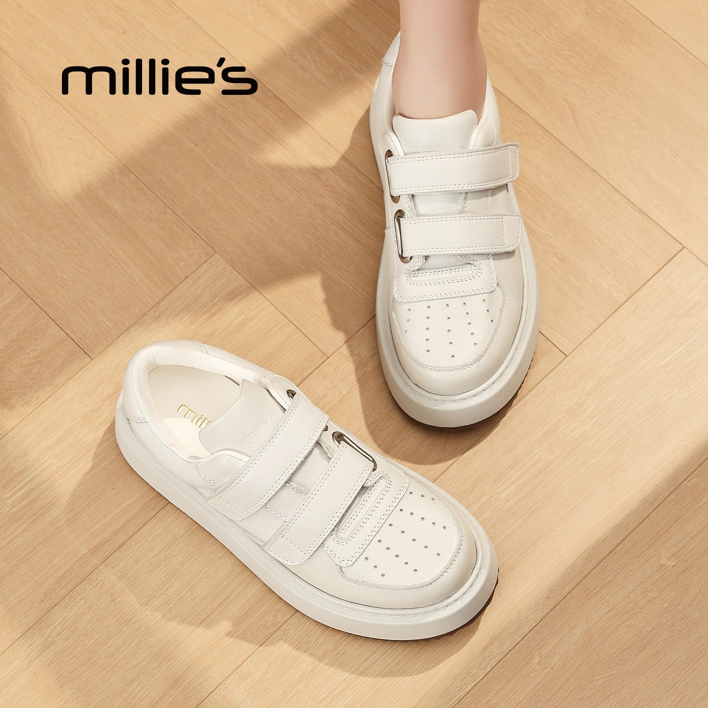 MILLIE'S/妙丽2026春季新款厚底增高魔术贴小白鞋女休闲百搭板鞋,女鞋,时尚休闲鞋,淘宝优惠券,粉丝福利购,淘宝优惠卷