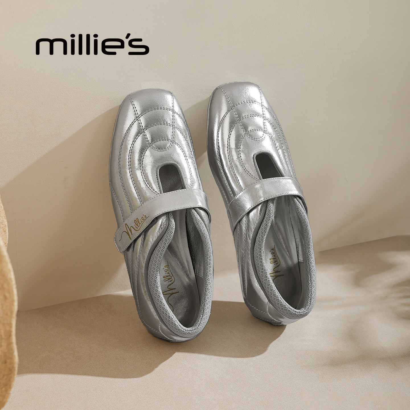 MILLIE'S/妙丽银色方头玛丽珍鞋女平跟一字扣带通勤深口单鞋女鞋,女鞋,深口单鞋,淘宝优惠券,粉丝福利购,淘宝优惠卷