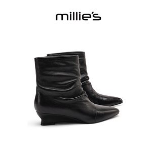 MILLIE'S/妙丽黑色方头短靴女靴秋冬新款气质时装靴坡跟真皮靴子
