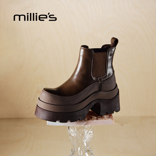MILLIE'S/妙丽加绒切尔西靴女真皮短靴英伦风百搭高级感瘦瘦靴子