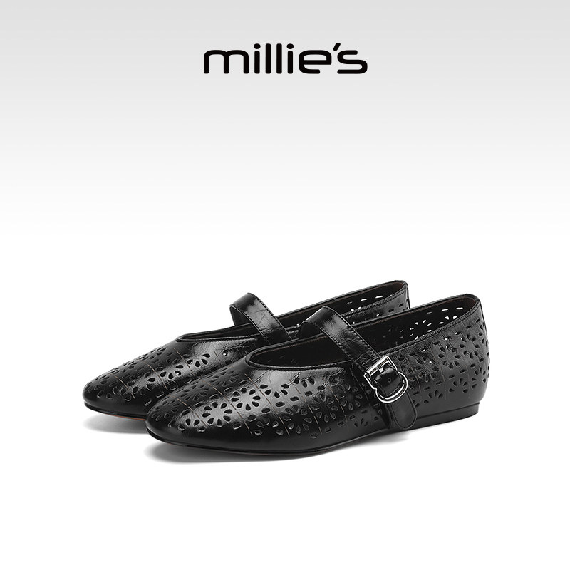 millies妙丽真皮浅口单鞋女款平底镂空一字玛丽珍鞋2026春夏新款