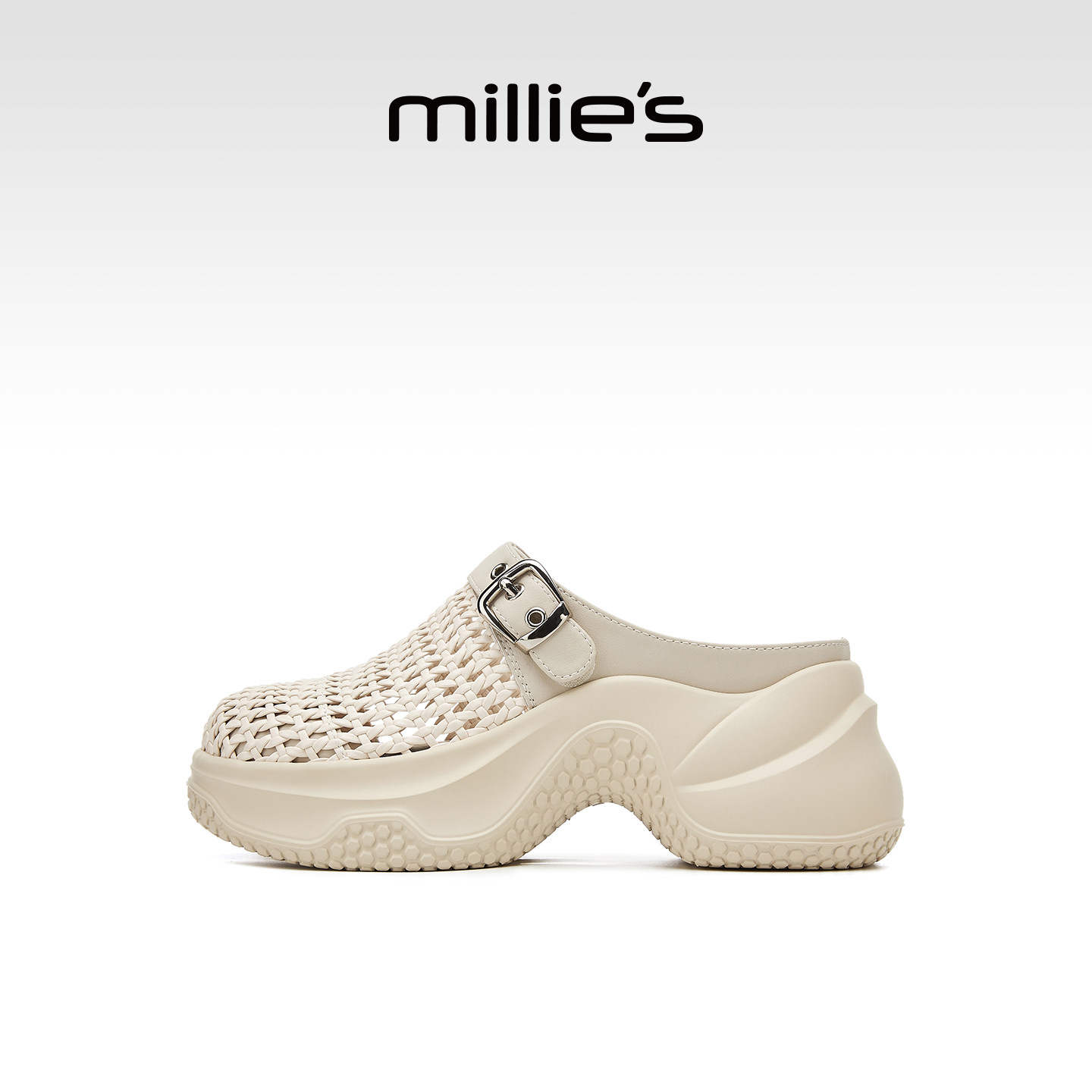 MILLIE'S/妙丽休闲风松糕底镂空包头拖女鞋2026夏季新款米色凉鞋