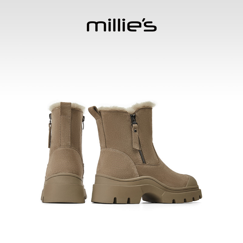 Millies妙丽女款2025新款时尚百搭加绒厚底棉鞋显瘦保暖短筒女靴