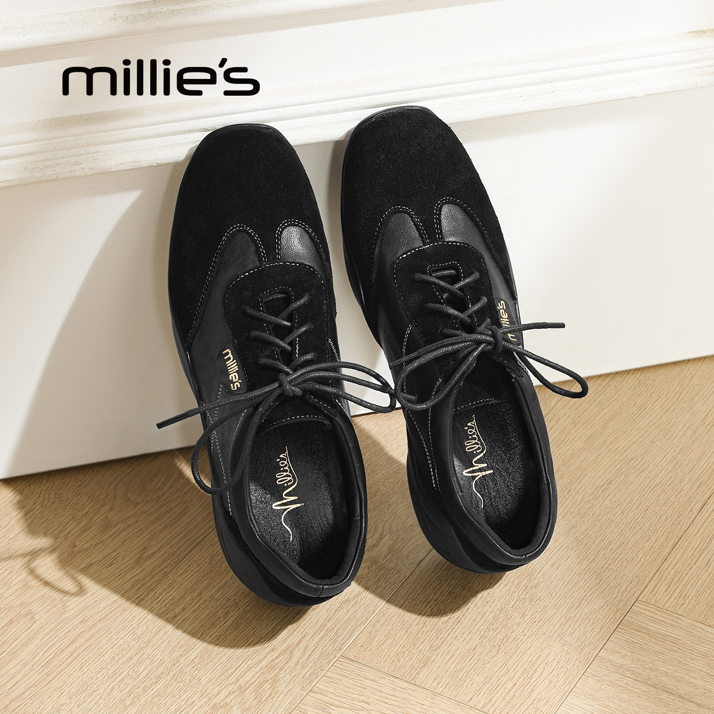 millies妙丽女鞋小众复古德训鞋春季新款拼接设计感厚底休闲鞋子