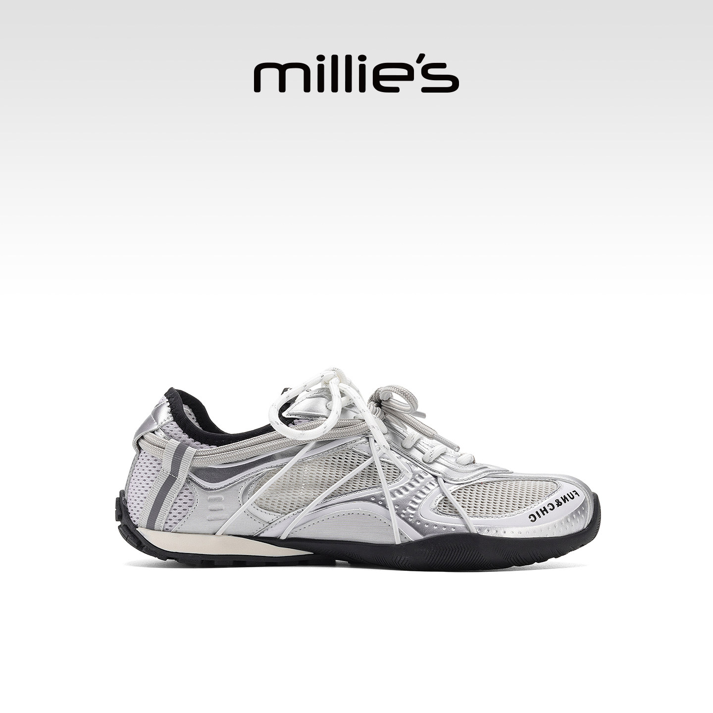 MILLIE'S/妙丽银色绑带德训鞋女款夏季透气网面2026新款平底银色
