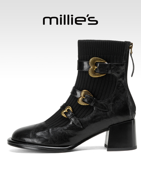 millies妙丽复古英伦风黑色瘦瘦靴2025冬季新款百搭加绒粗跟短靴