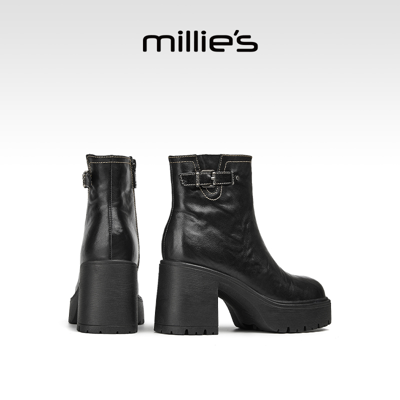 millies妙丽秋冬季新款2025年粗跟加绒加厚英伦风复古高跟马丁靴