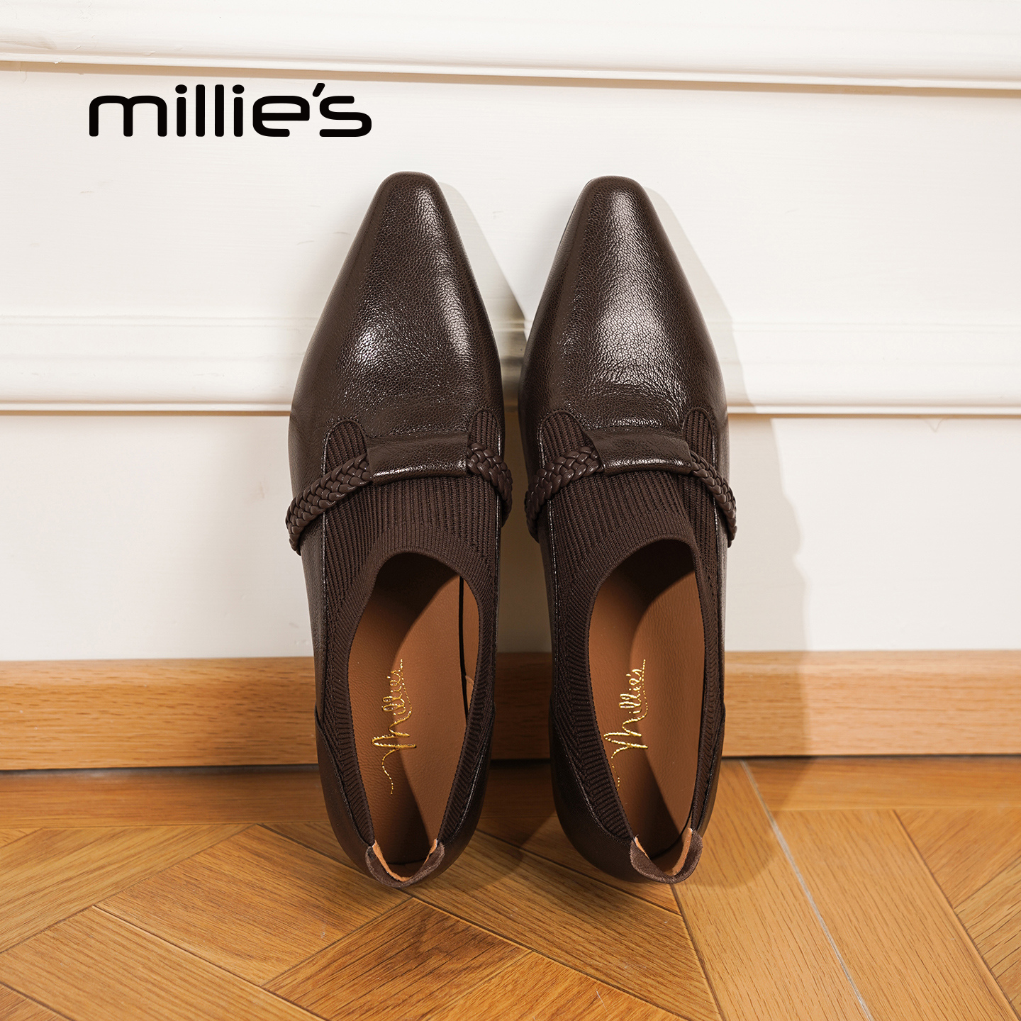 millies妙丽真皮尖头深口单鞋