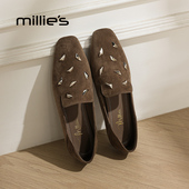 millies妙丽方头单鞋 绒面通勤一脚蹬铆钉 新款 女时尚 气质休闲春季