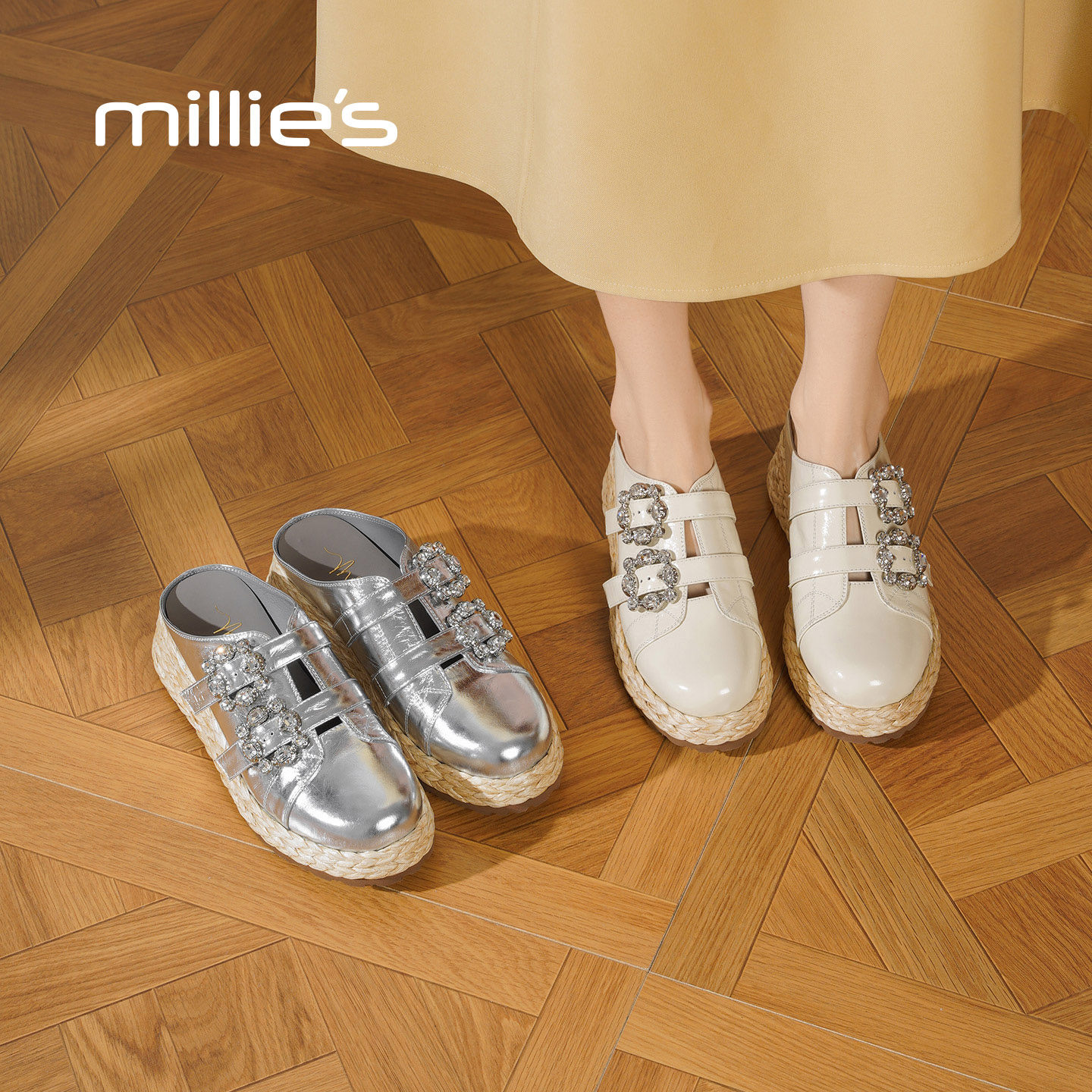 MILLIE'S/妙丽水钻扣厚底勃肯鞋女2026夏季新款真皮草编包头拖鞋
