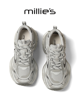 MILLIE'S/妙丽机能风厚底老爹鞋女银灰色网面休闲鞋2026春季新款