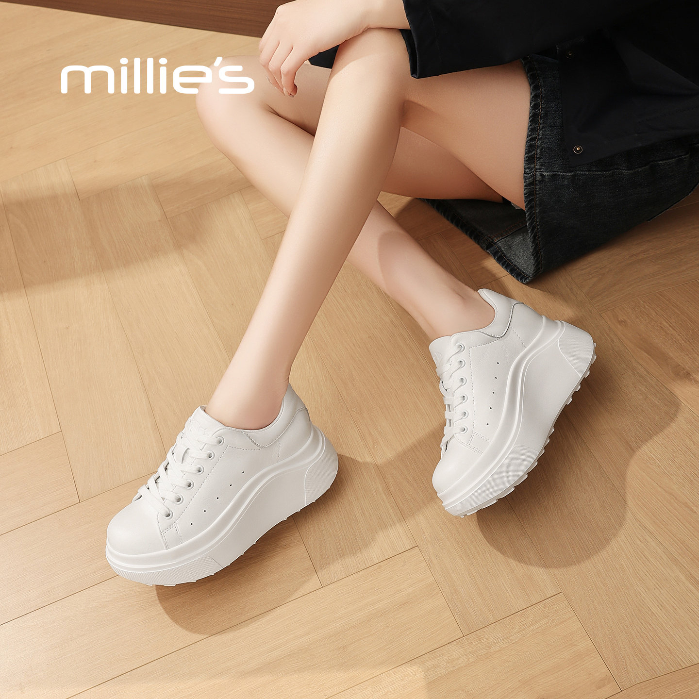 MILLIE'S/妙丽真皮厚底小白鞋系带时尚休闲鞋女鞋深口单鞋春新款,女鞋,时尚休闲鞋,淘宝优惠券,粉丝福利购,淘宝优惠卷