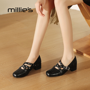 MILLIE'S/妙丽黑色交叉带玛丽珍鞋女款中跟芭蕾舞鞋百搭浅口单鞋