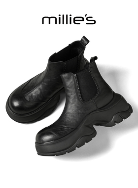 MILLIE'S/妙丽厚底切尔西靴女秋冬新款英伦风黑色短靴加绒瘦瘦靴