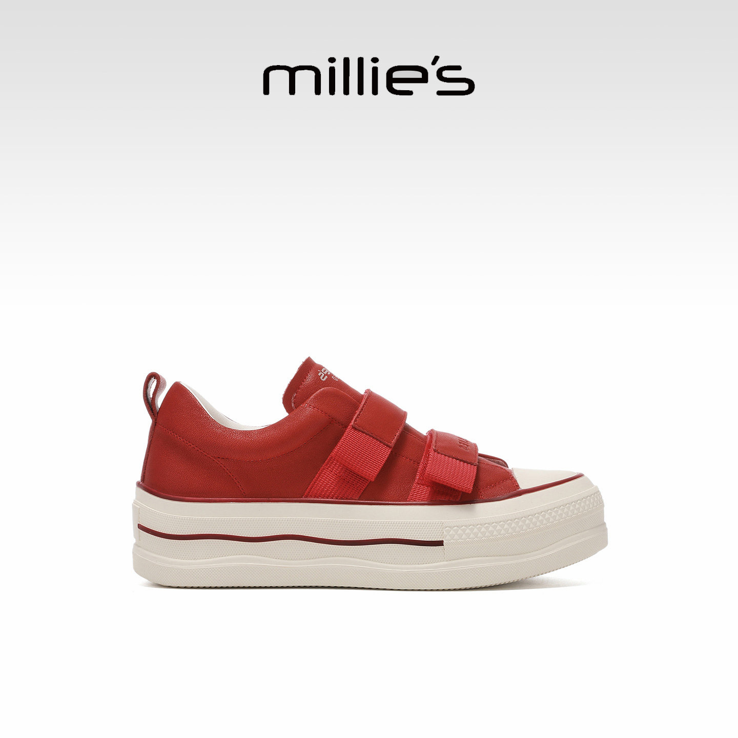 MILLIE'S/妙丽红色魔术贴厚底板鞋女真皮百搭休闲鞋2026春季新款,女鞋,深口单鞋,淘宝优惠券,粉丝福利购,淘宝优惠卷