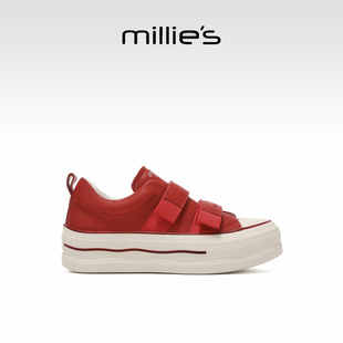 MILLIE'S/妙丽红色魔术贴厚底板鞋女真皮百搭休闲鞋2026春季新款