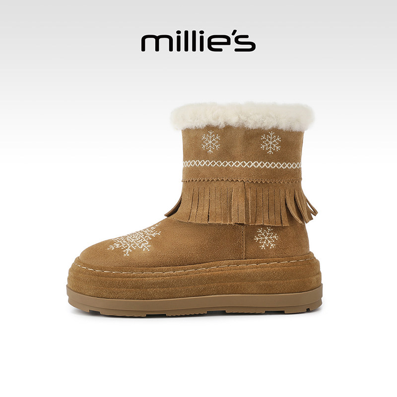 millies妙丽女鞋雪地靴女2025冬季加绒保暖毛毛厚底流苏短靴棉鞋