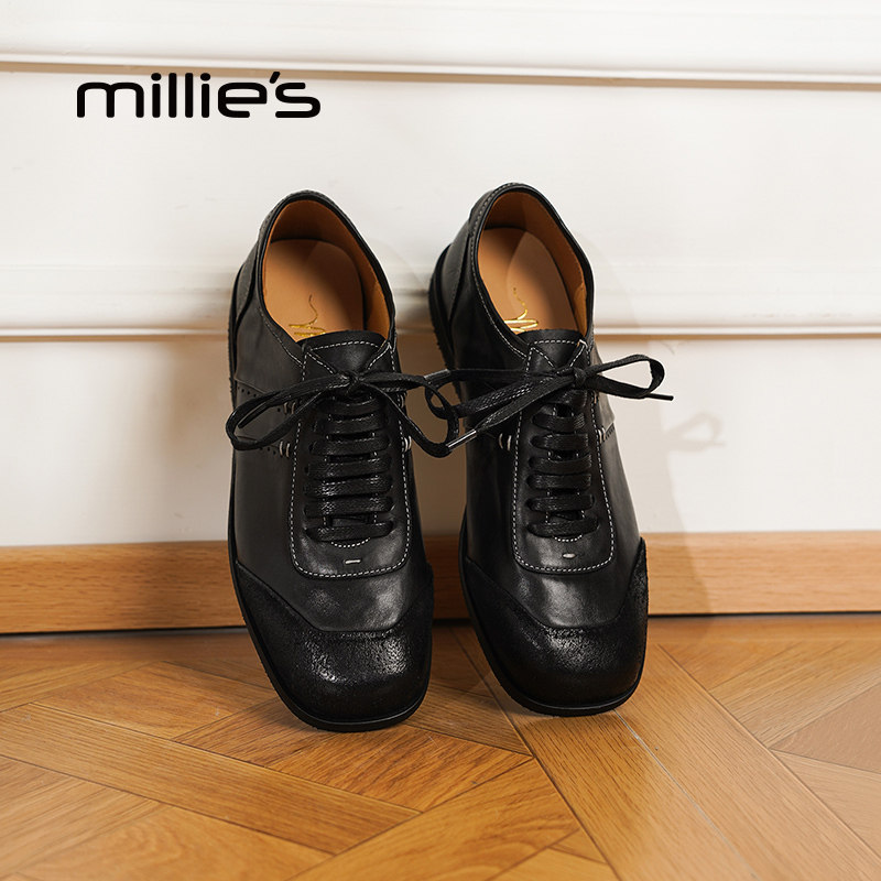 millies妙丽女鞋休闲百搭黑色小皮鞋2026春季新款时尚潮流拳击鞋