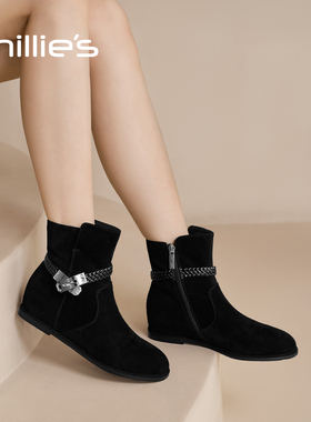 millies妙丽黑色磨砂高级感时装靴女2025冬季新款加绒切尔西短靴