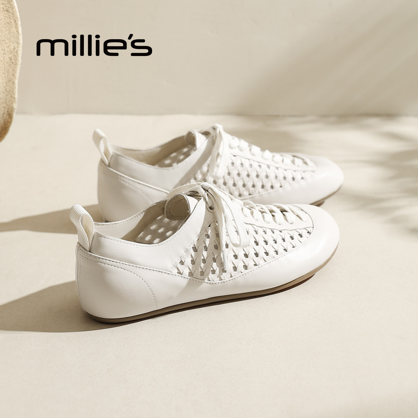 MILLIE'S/妙丽镂空系带德训鞋女款真皮透气软底休闲小白鞋夏新款