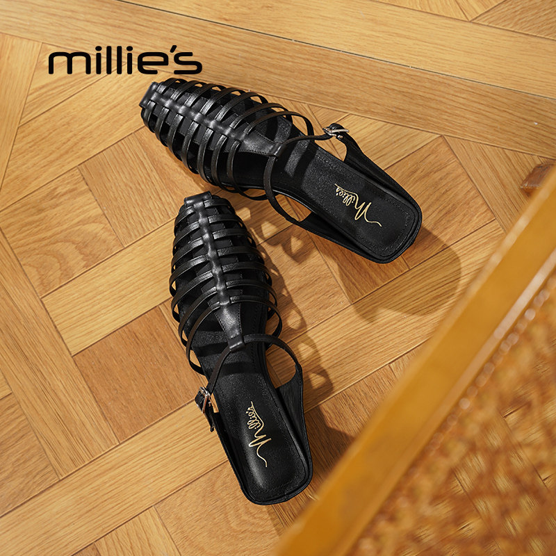 MILLIE'S/妙丽黑色镂空编织罗马凉鞋女款坡跟包头休闲鞋夏季新款
