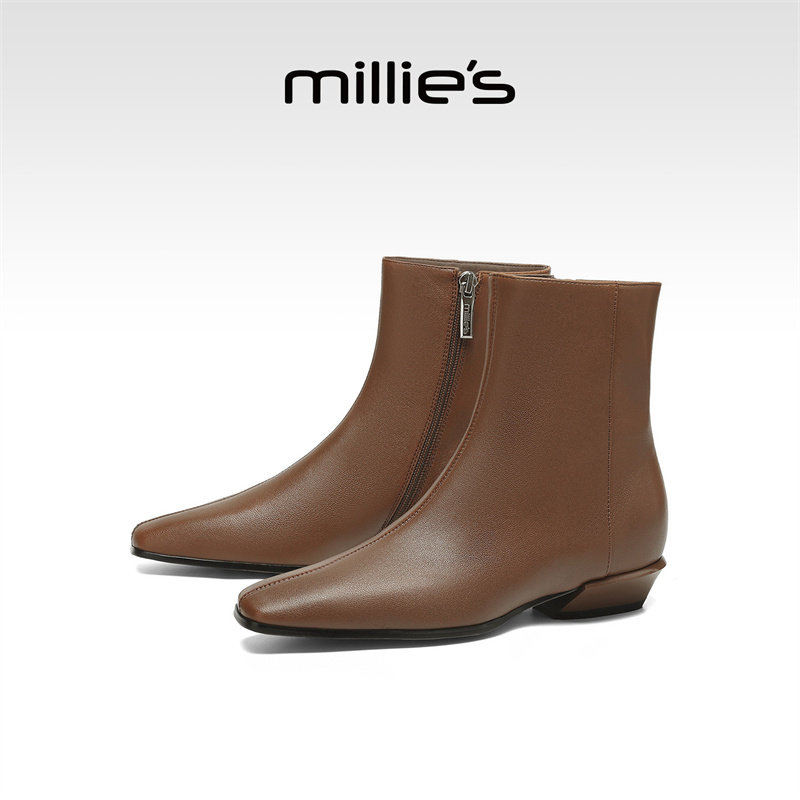 millies妙丽女鞋复古尖头加绒真皮短靴女款2025冬季英伦风马丁靴