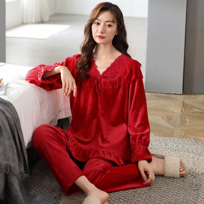 金黛儿海岛绒睡衣女士2025蛇年新款套头红色结婚本命年家居服套装