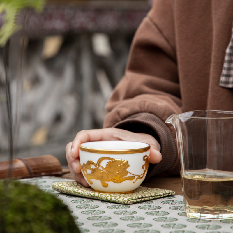 墨染留香羊脂玉白瓷茶杯单杯黄金茶盏主人杯个人品茗茶杯高档送礼