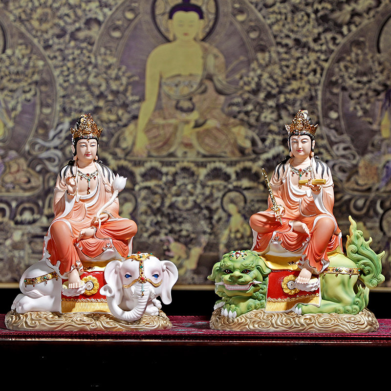 德化白瓷彩绘雕塑文殊普贤菩萨佛像华严三圣神像寺庙供奉佛堂摆件