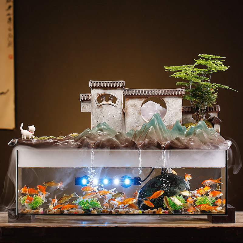 创意假山循环流水摆件喷泉大号玻璃鱼缸水族灯家居客厅玄关装饰品