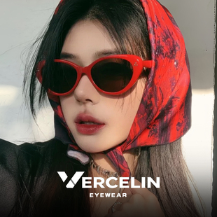 gm复古红色框猫眼茶色墨镜女款高级感海边太阳眼镜近视可配带度数