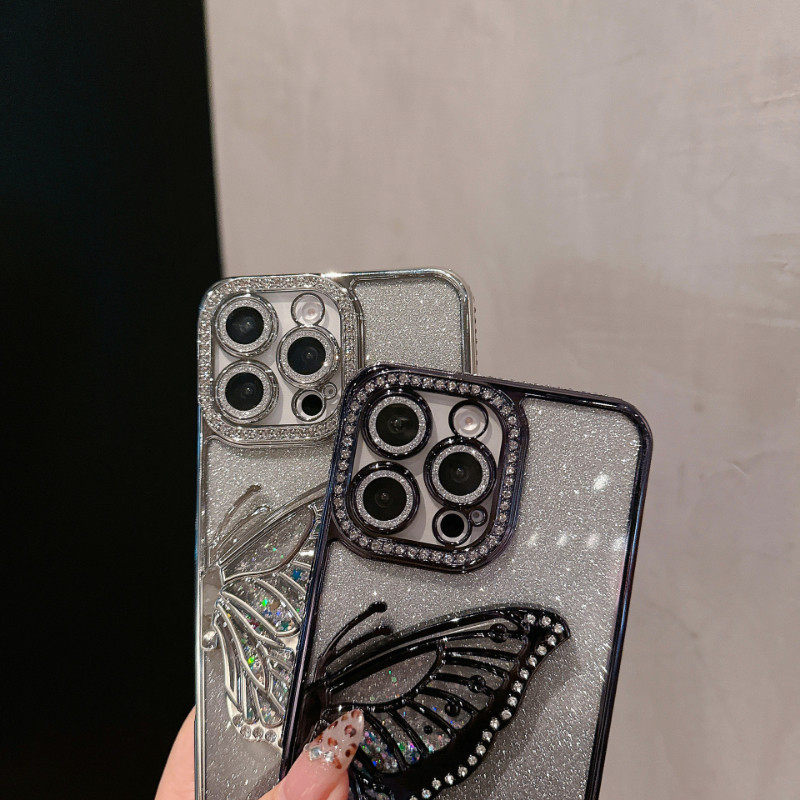 适用苹果16手机壳iPhone15promax流沙蝴蝶水钻闪粉14镜头膜保护套