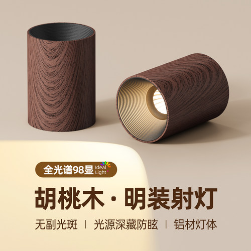 明装射灯全光谱护眼客厅无主灯日式复古防眩胡桃木纹过道吸顶筒灯