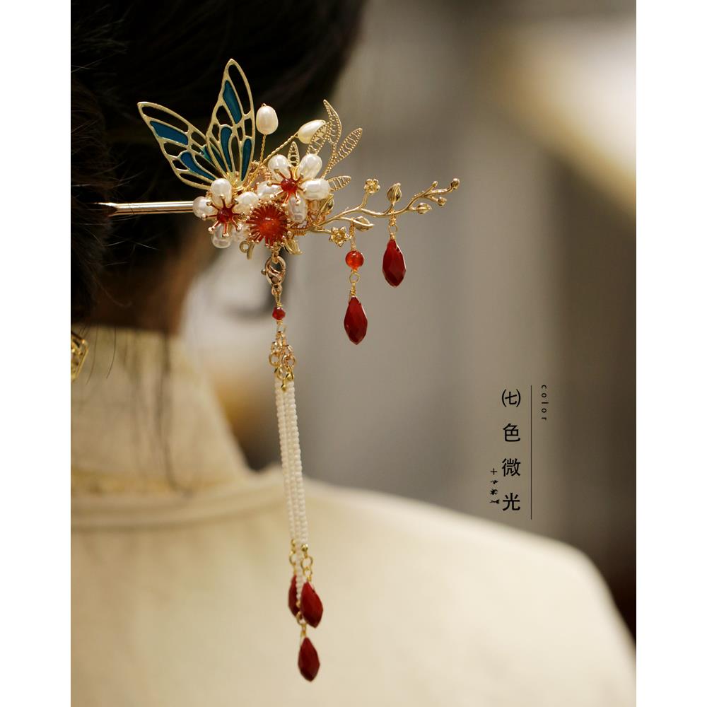 发簪简约现代丸子头盘发国风旗袍红色新年款头饰秀禾服新娘发饰女
