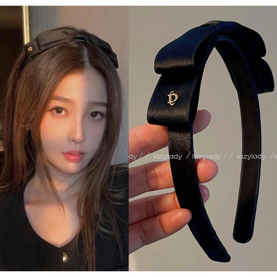 虞书欣减龄缎面黑色蝴蝶结高颅顶发箍法式丝带黑色压发头箍发卡女