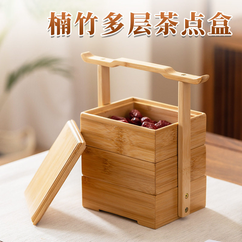 现货高档复古手提多层盒子收纳盒月饼包装盒礼盒双层多功能实木盒