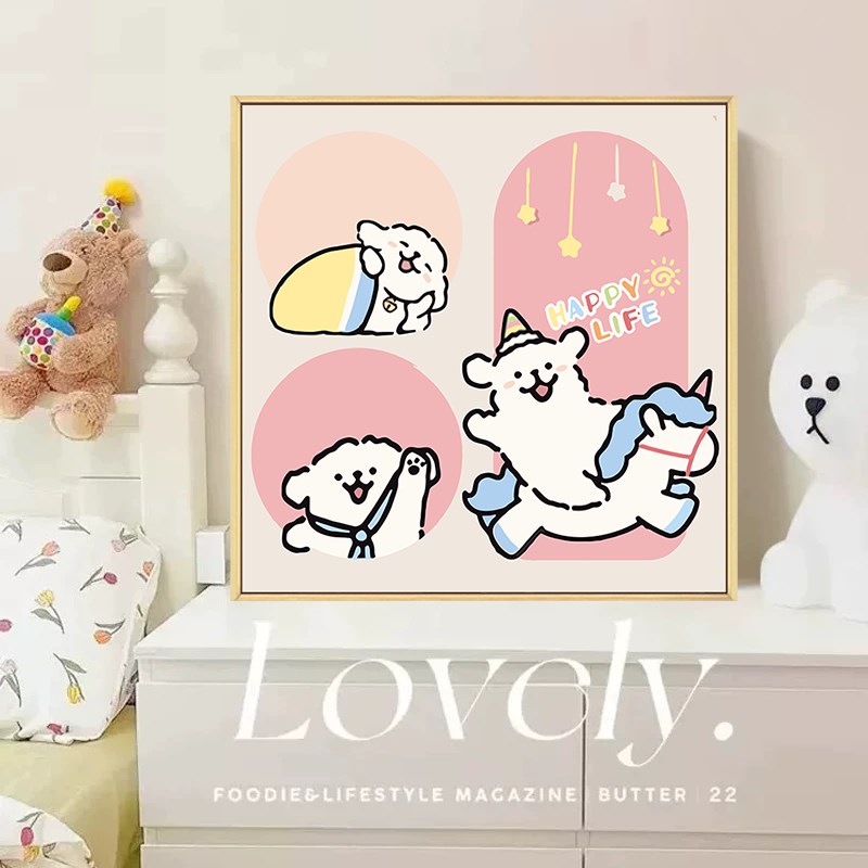 线条小狗数字油画diy填充填色手工绘奶油风客厅玄关丙烯画装饰画图片