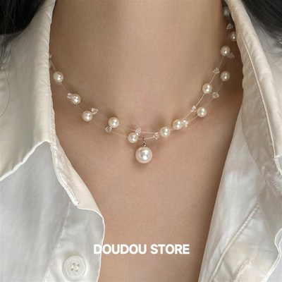 DOUDOUSTORE保色满天星透明水晶珍珠项链女超闪双层叠戴锁骨链韩