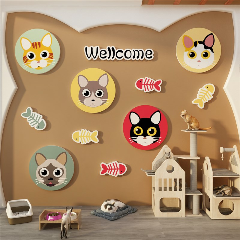 网红打卡猫咖装饰宠物店用品布置贴纸画奶茶墙壁蛋糕咖啡餐厅背景