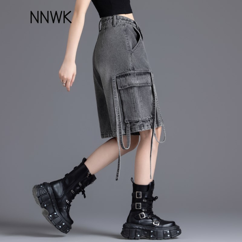 美式大口袋工装牛仔短裤女2025新款夏季黑色高腰复古五分阔腿中裤