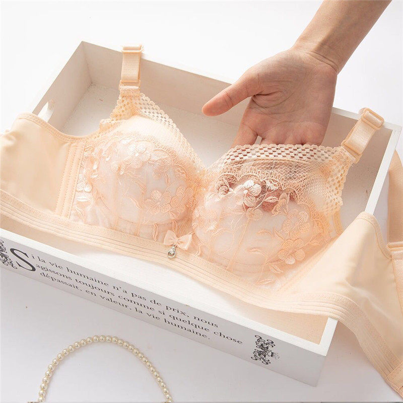 大胸显小内衣女薄款调整型透气蕾丝无钢圈聚拢文胸收副乳大码胸罩