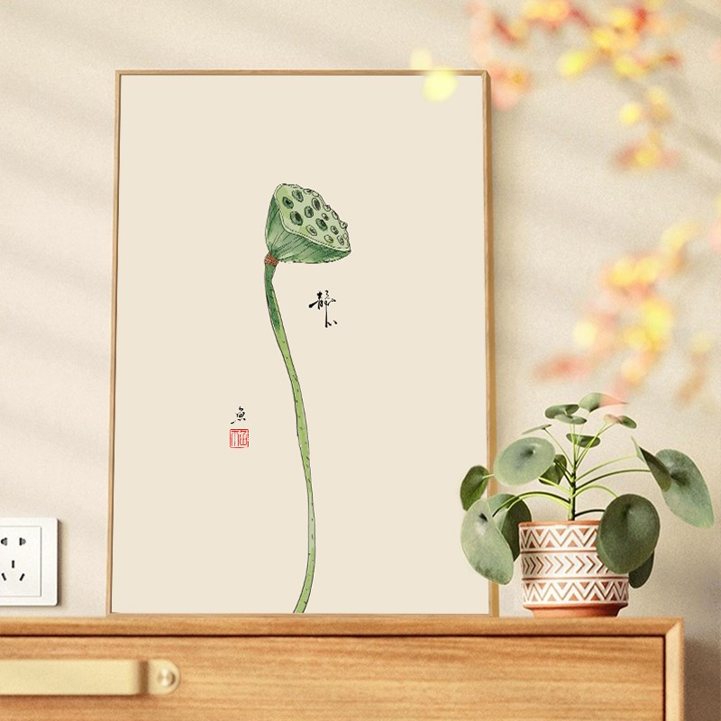新中式客厅装饰画餐厅壁画日式原木风玄关挂画中式荷花背景墙禅意图片