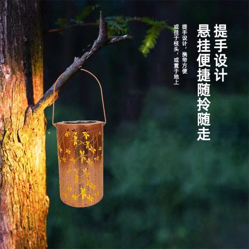 太阳能铁艺蜻蜓灯挂灯庭院灯户外防水花园装饰圆形镂空灯笼景观灯