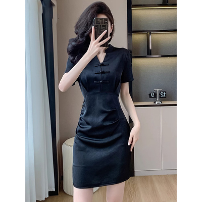 新中式国风改良旗袍连衣裙女士夏季大码收腰遮肚子显瘦黑色长裙子