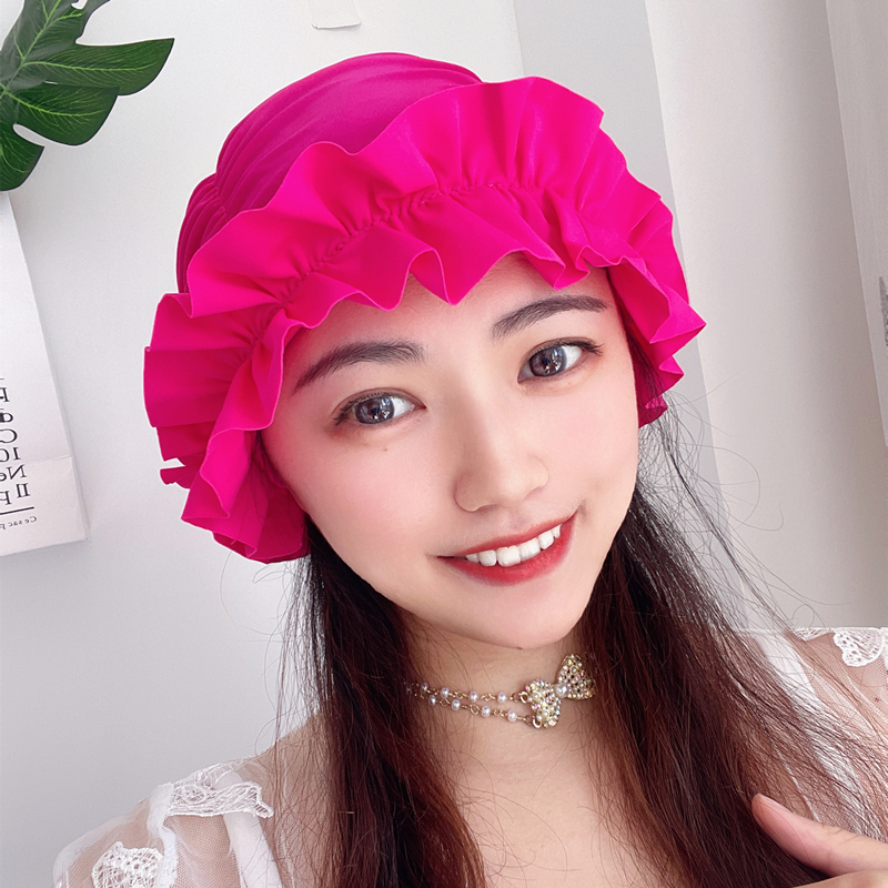 长发短发时尚护耳布料游泳帽不勒头高弹力温泉女舒适可爱花边泳帽